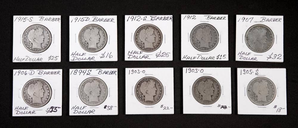 GROUP, 10 BARBER HALF DOLLAR