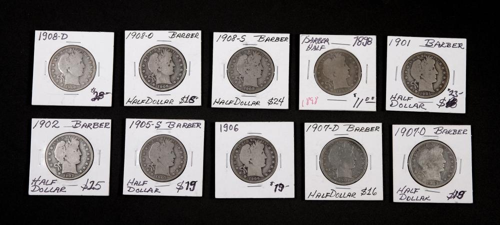 GROUP, 10 BARBER HALF DOLLAR