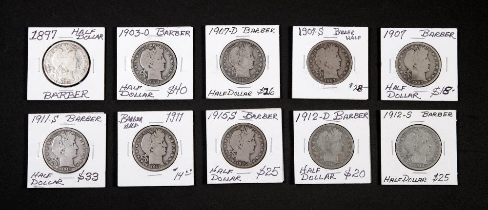 GROUP, 10 BARBER HALF DOLLAR