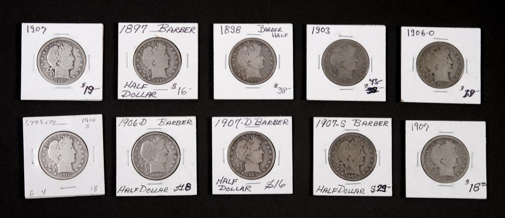 GROUP, 10 BARBER HALF DOLLAR