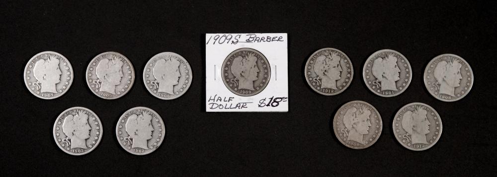 GROUP, 11 BARBER HALF DOLLAR