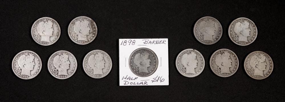 GROUP, 11 BARBER HALF DOLLAR
