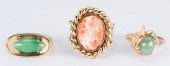 GROUP 14K CORAL AND JADE RINGS
