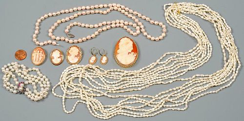 GROUP 14K PEARL AND CAMEO