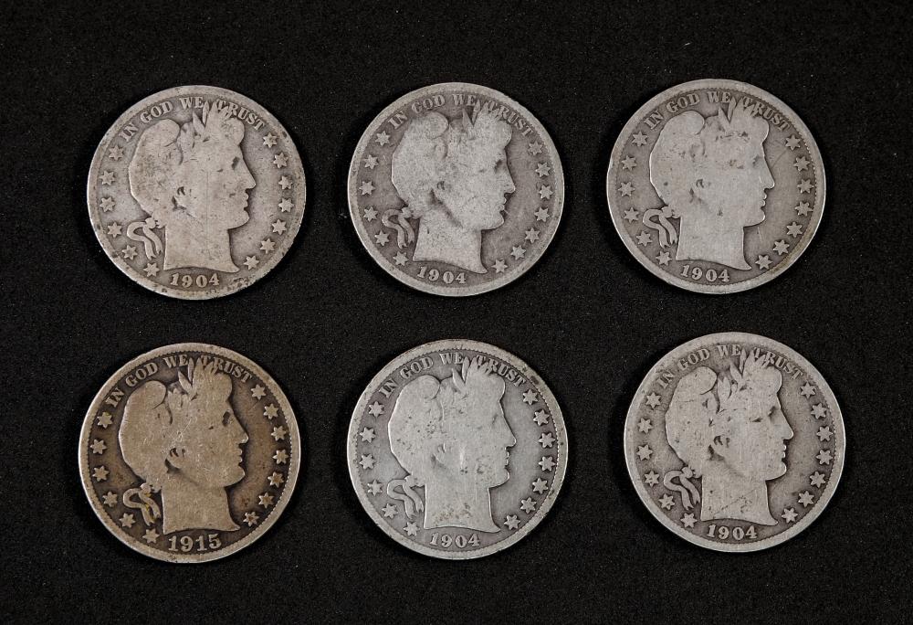 GROUP, 6 BARBER HALF DOLLAR