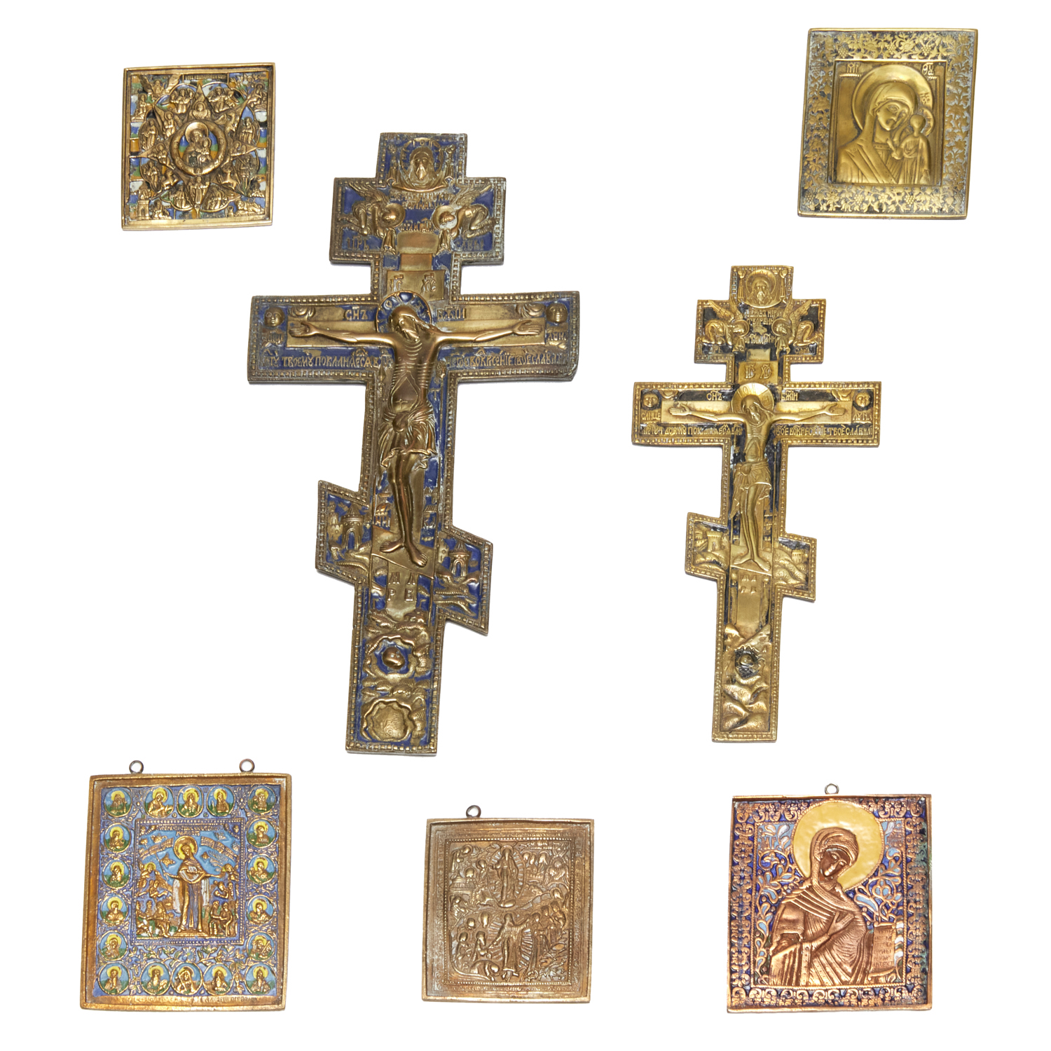 GROUP (7) ENAMELED RUSSIAN ICONS