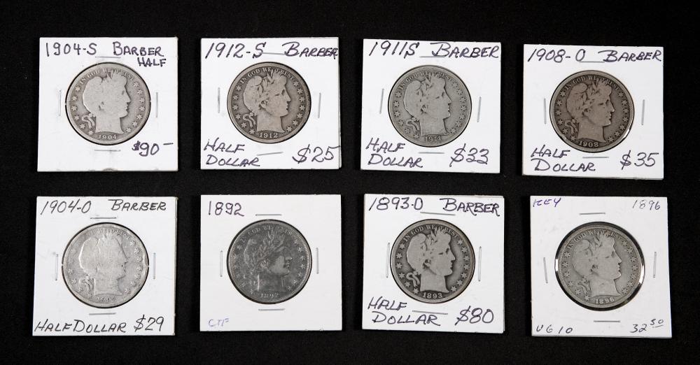 GROUP, 8 BARBER HALF DOLLAR