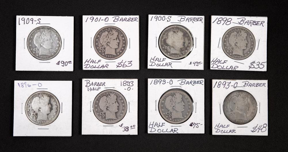 GROUP, 8 BARBER HALF DOLLAR