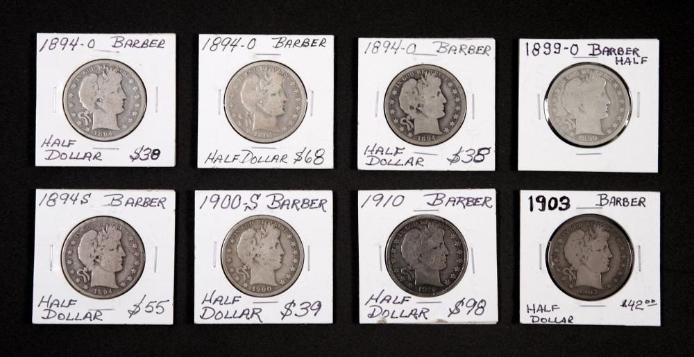 GROUP, 8 BARBER HALF DOLLAR