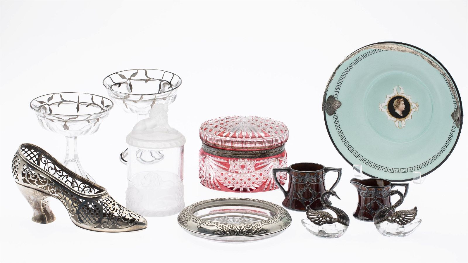 GROUP OF 11 SILVER AND GLASS