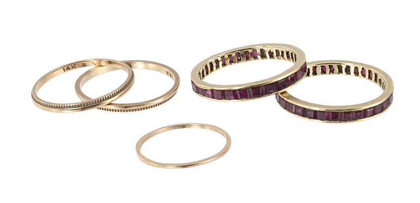 GROUP OF 14K STACK RINGS 2 ARE RUBY