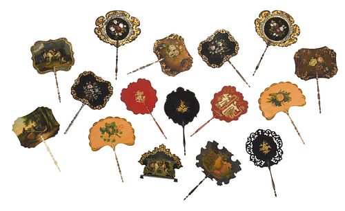 GROUP OF 15 PAPIER MACHE FANS AND