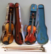 GROUP OF 2 VIOLINS AND 6 BOWS