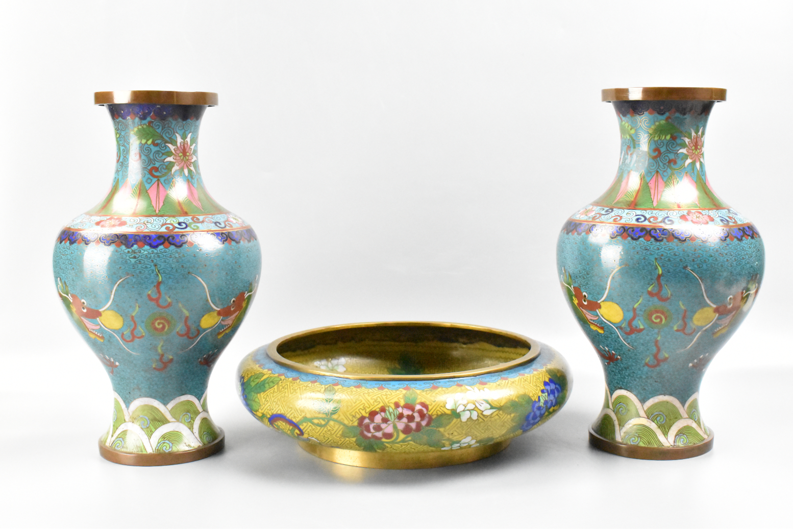 GROUP OF 3 CHINESE CLOISONNE VASE &