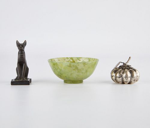 GROUP OF 3 SILVER, BRONZE, JADE