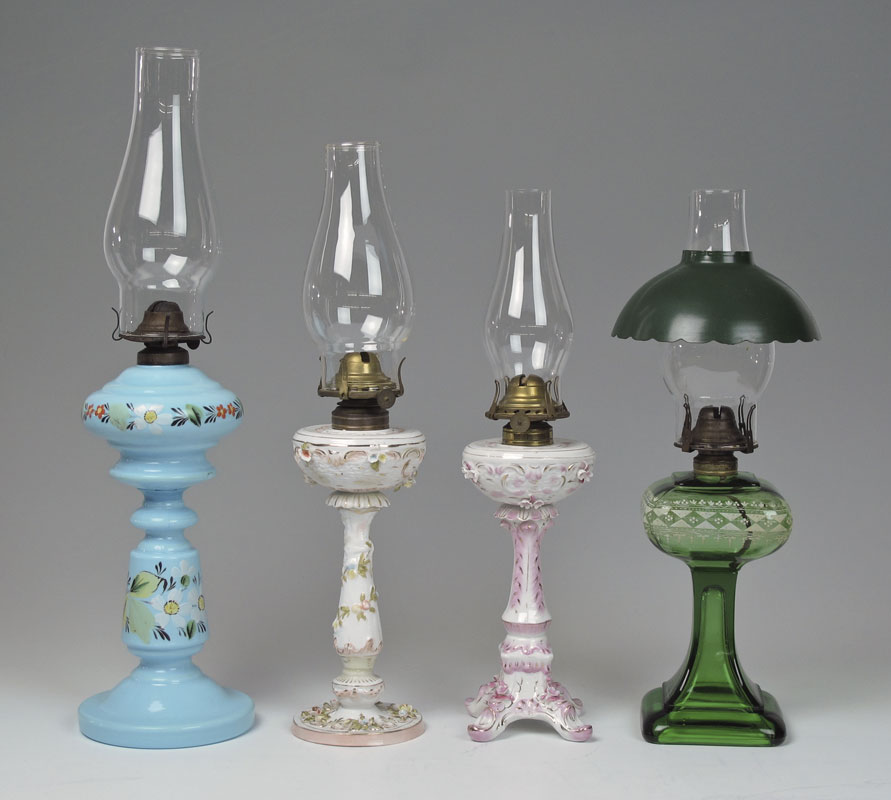 GROUP OF 4 OIL LAMPS: Two Dresden