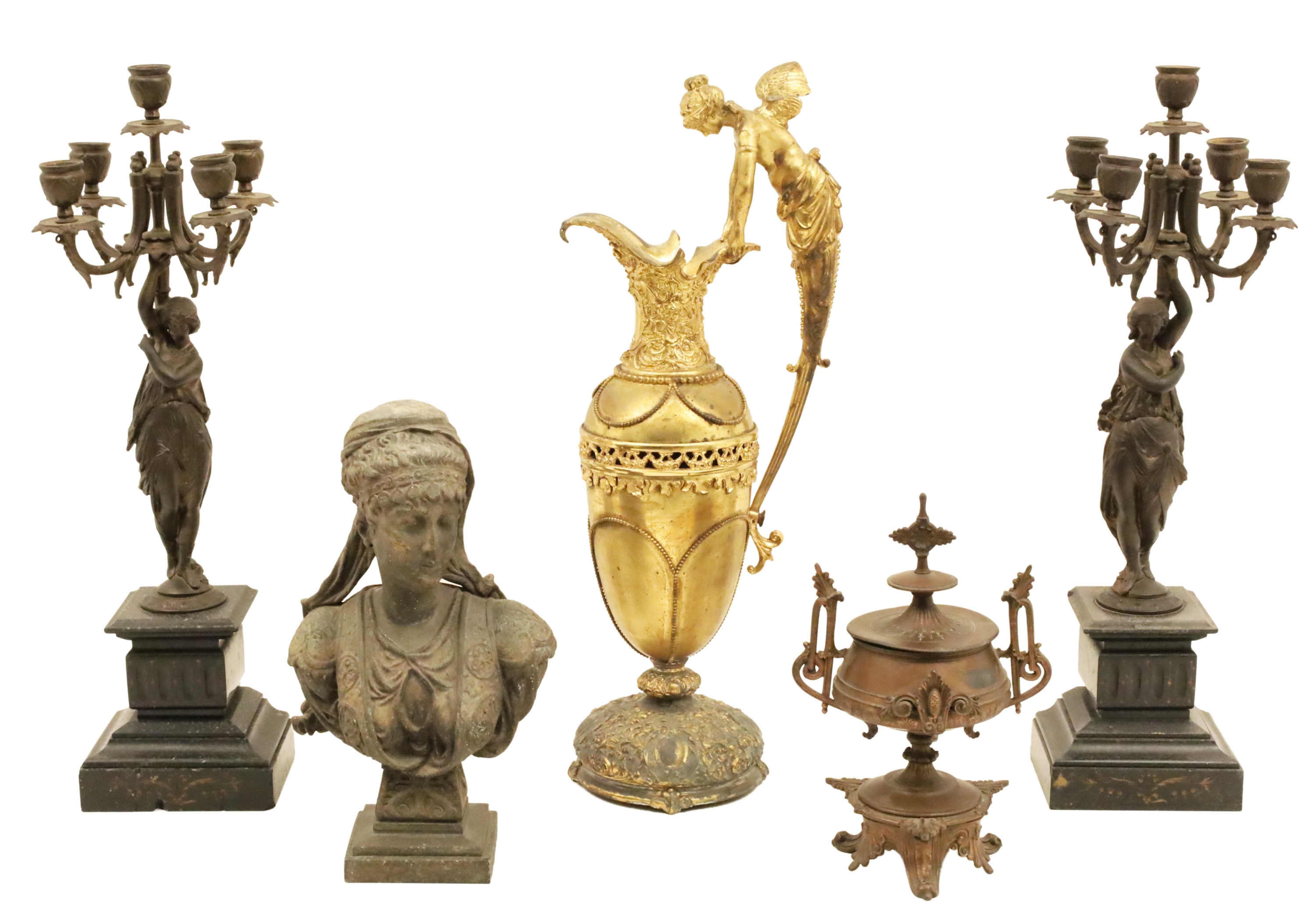 GROUP OF 5 FRENCH PATINATED METAL
