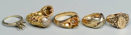 GROUP OF 5 GOLD RINGS, 10K, 14K,