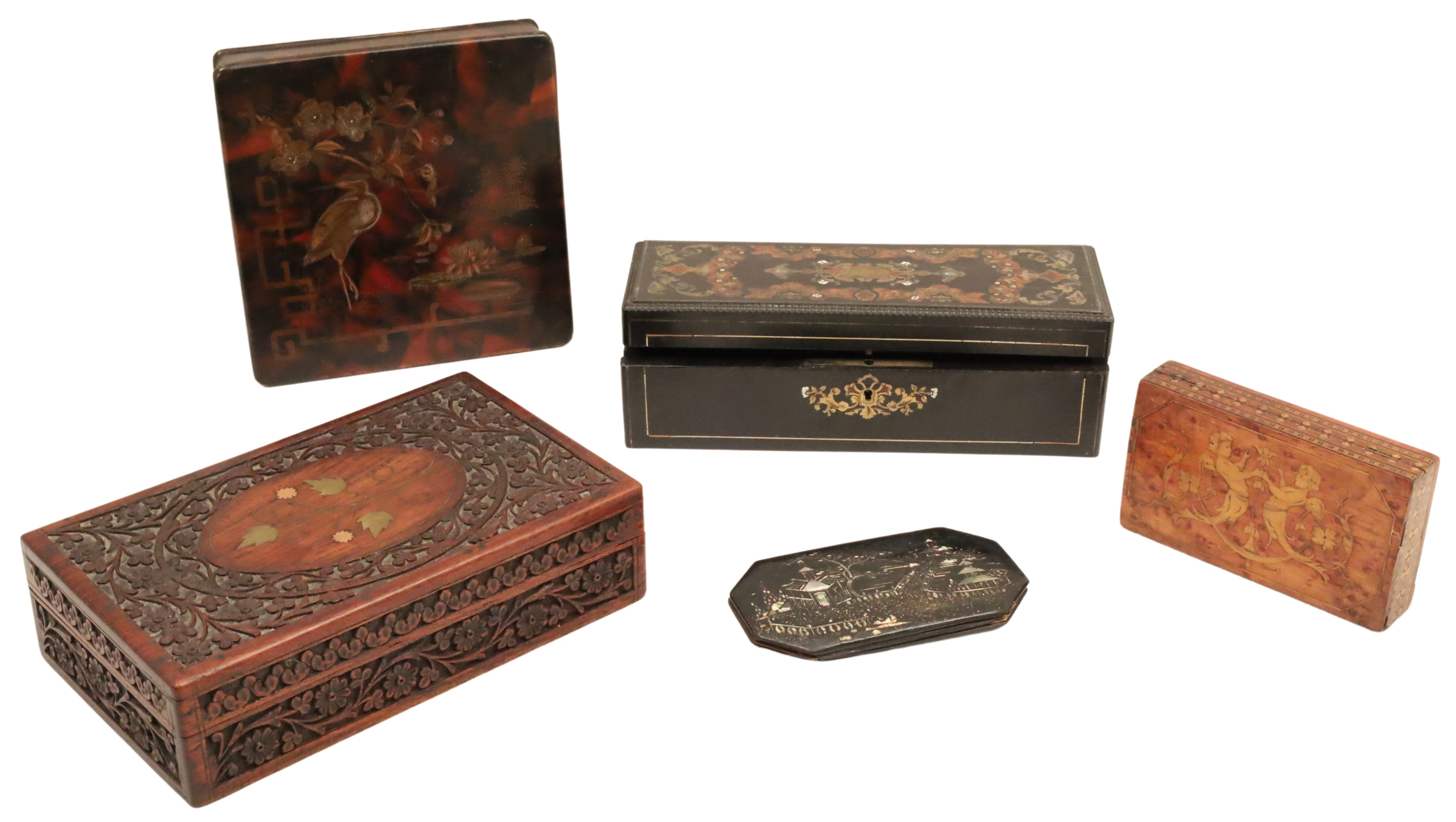 GROUP OF 5 INLAID WOOD AND