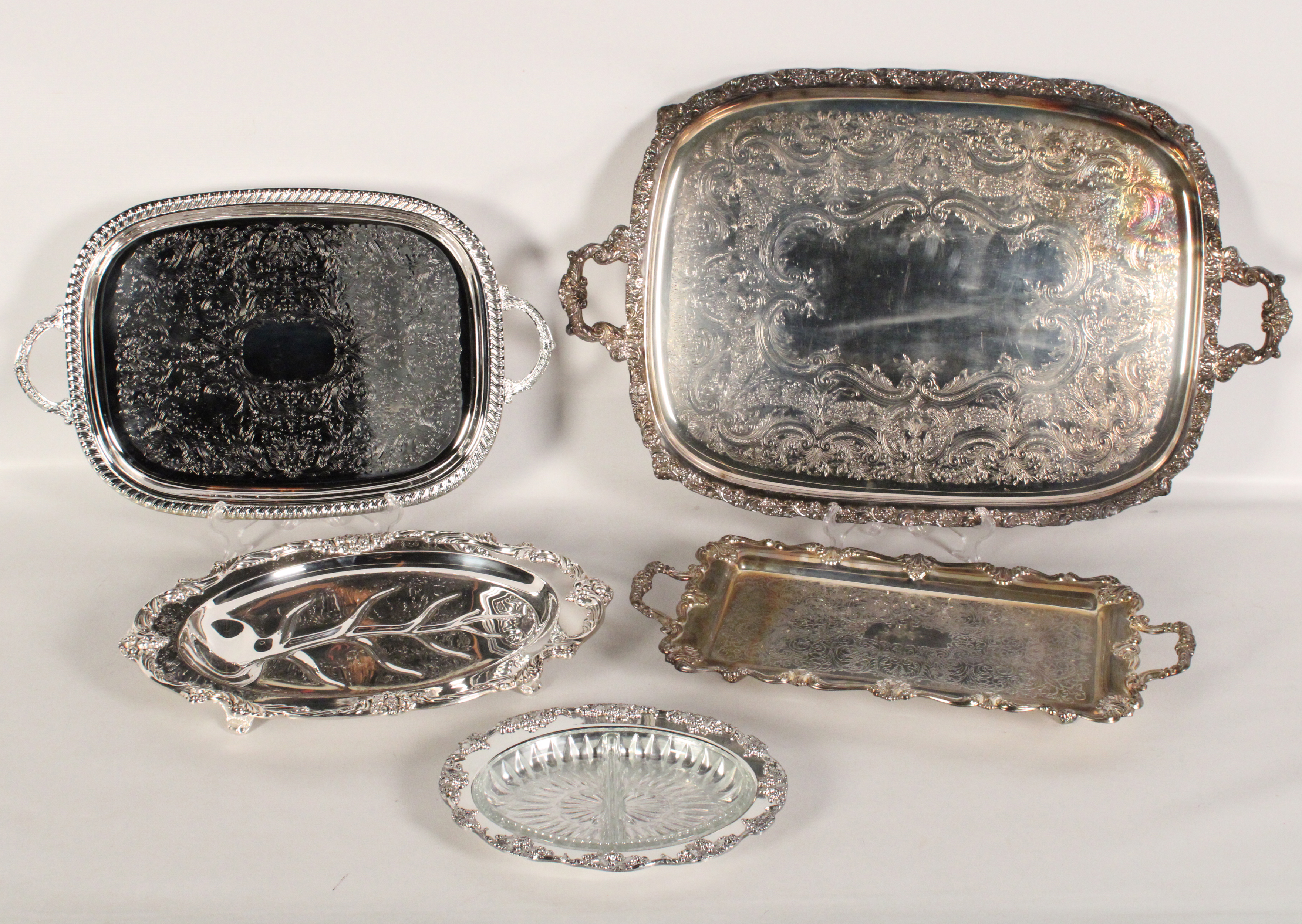 GROUP OF 5 SILVER SERVING TRAYS