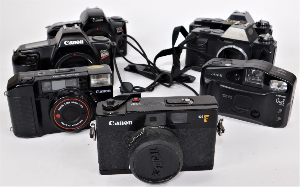 GROUP OF 7 CANON CAMERAS AND BODIES
