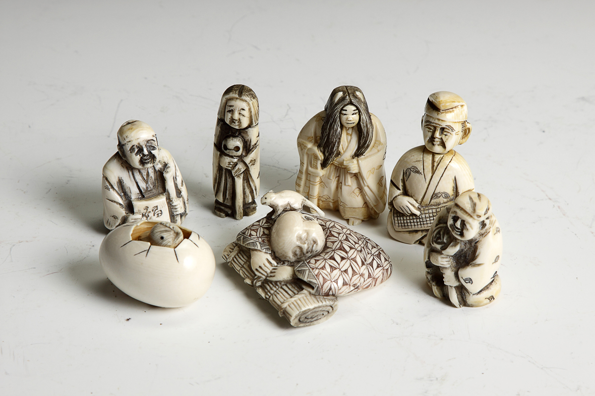 Group of 7 Carved Ivory Netsukes
