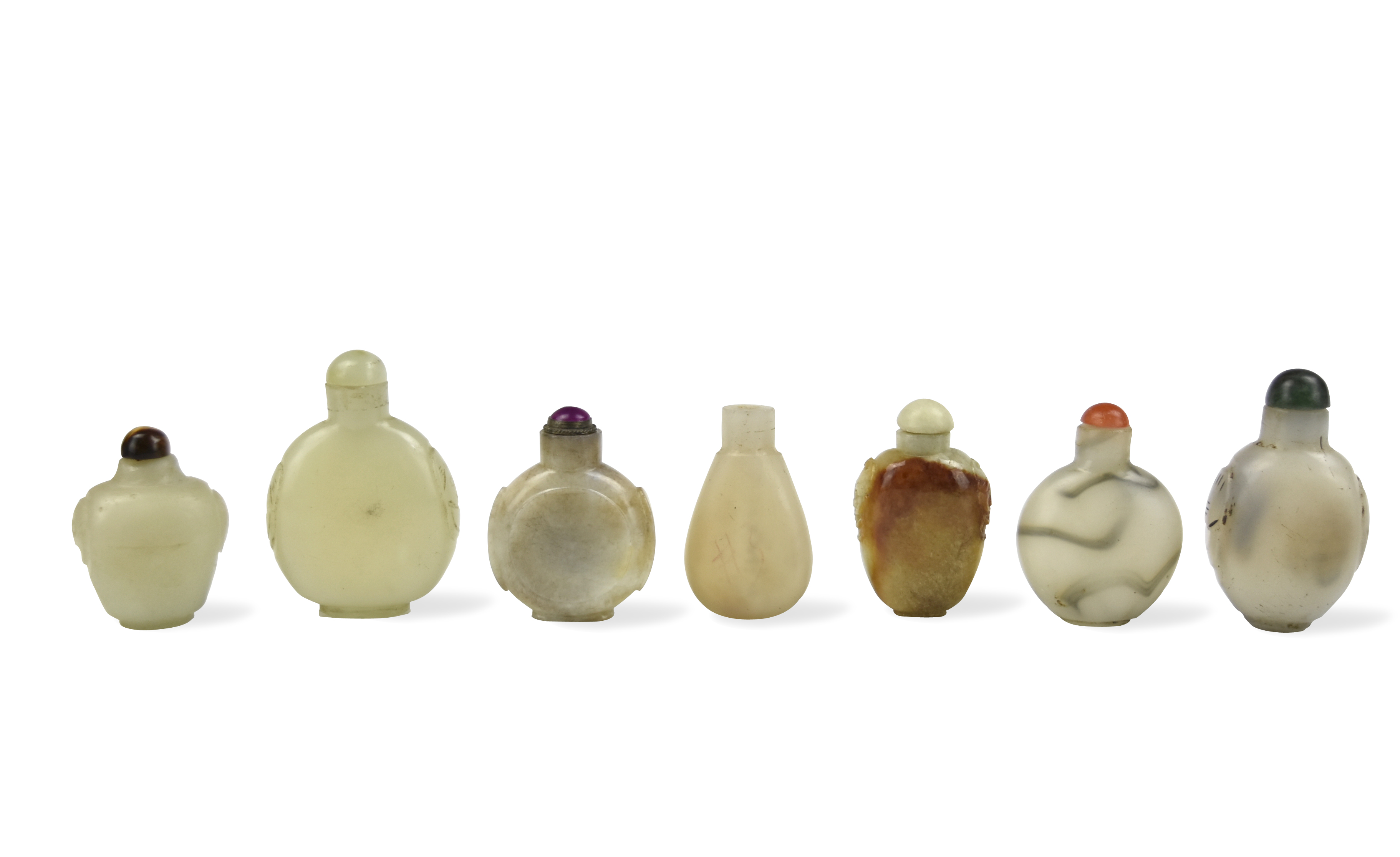 GROUP OF 7 GLASS, STONE, JADE SNUFF