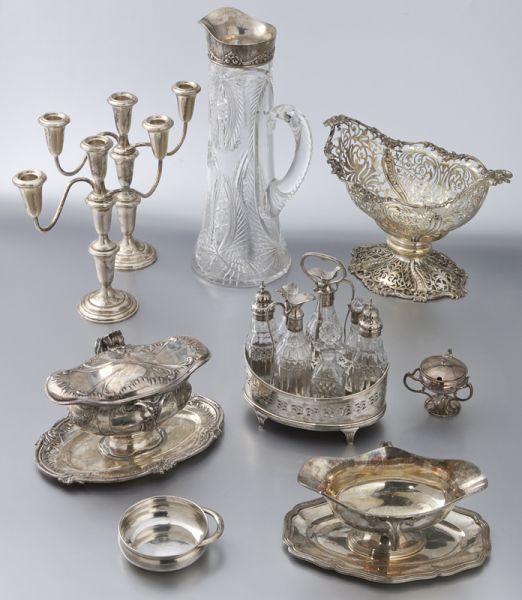 Group of (9) sterling and cut glass
