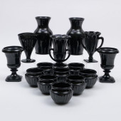 GROUP OF BLACK PRESSED GLASS T