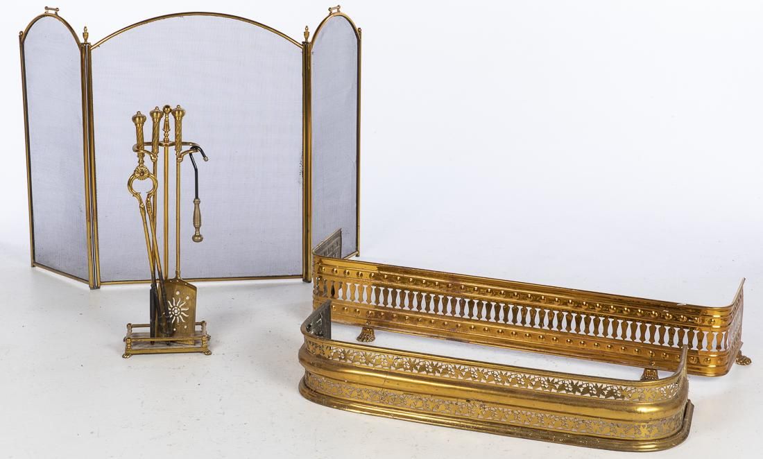 GROUP OF BRASS FIREPLACE EQUIPMENT,