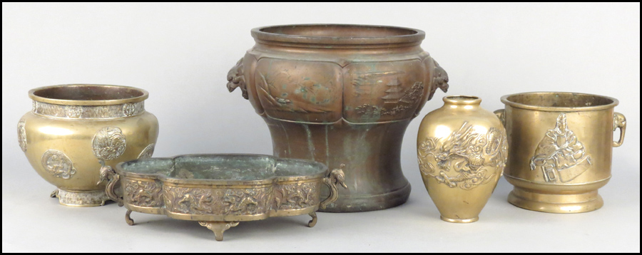 GROUP OF BRASS PLANTERS. Largest
