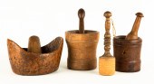GROUP OF BURL MORTAR AND PESTL