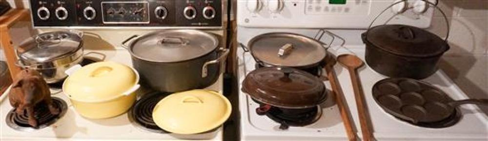 GROUP OF CAST IRON PANS, ENAMEL