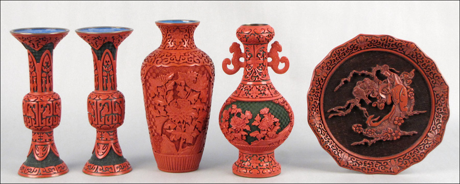GROUP OF CINNABAR VASES. Together