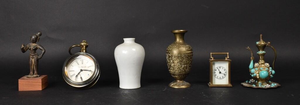 GROUP OF CLOCKS, VASES AND