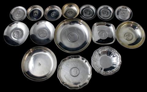 GROUP OF COIN INSET SILVER DISHES