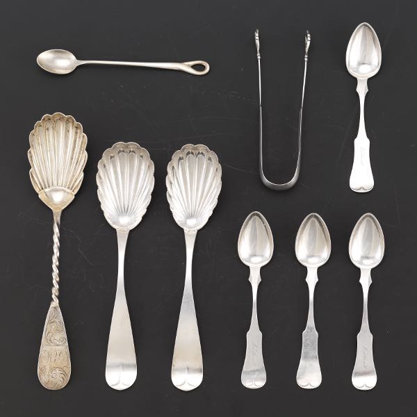 GROUP OF COIN SILVER FLATWARE AND