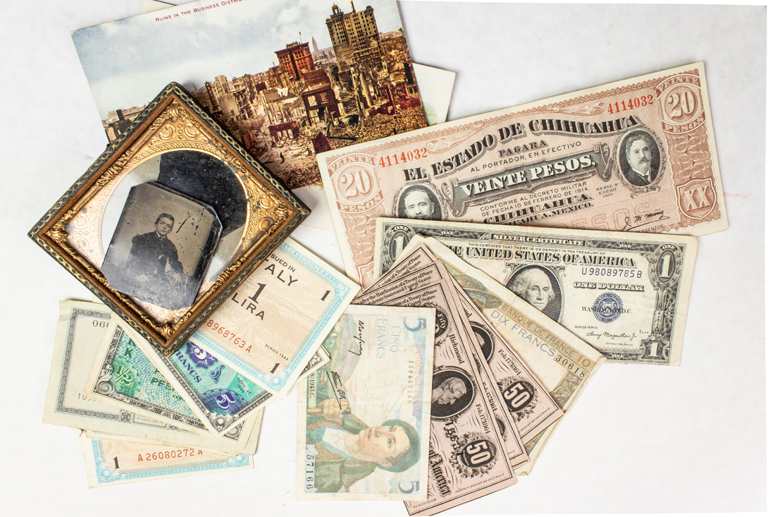GROUP OF CURRENCY, TINTYPES AND