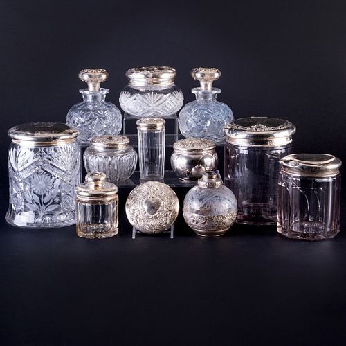GROUP OF CUT GLASS SILVER MOUNTED