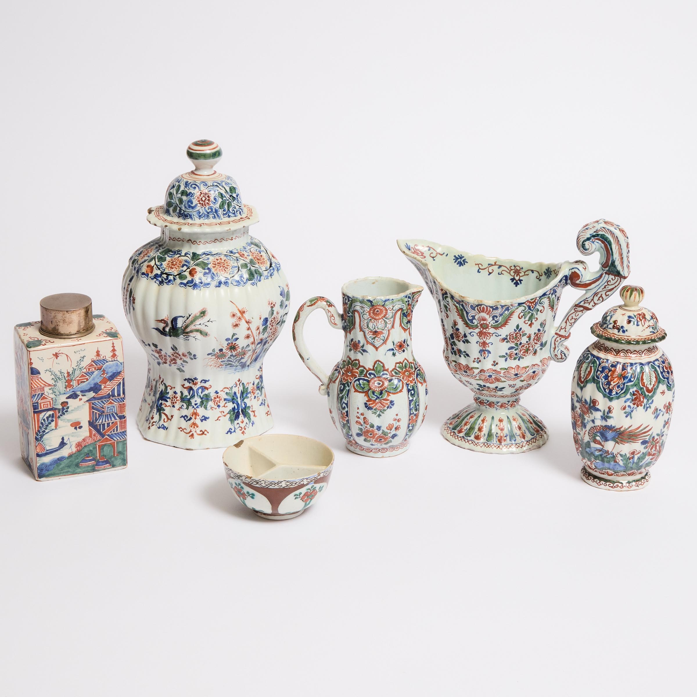 Group of Delft Blue, Red, and Green