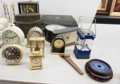 GROUP OF DESK CLOCKS, BINOCULA