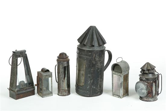 GROUP OF EARLY LANTERNS AND LAMPS.