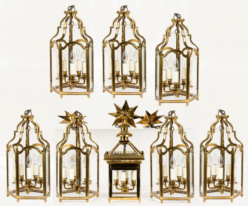 GROUP OF EIGHT GLASS AND BRASS