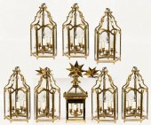 GROUP OF EIGHT GLASS AND BRASS