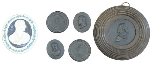 GROUP OF FIVE BASALT PLAQUES, ALONG