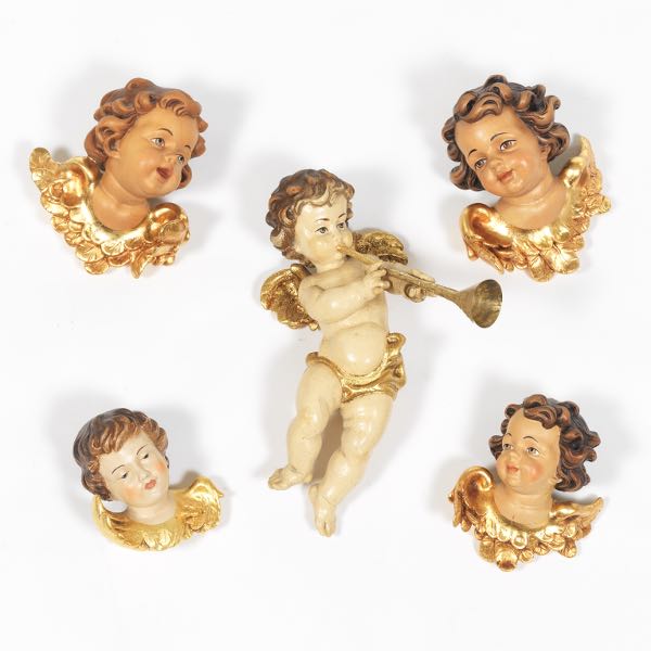 GROUP OF FIVE CARVED WOOD ANGELS 