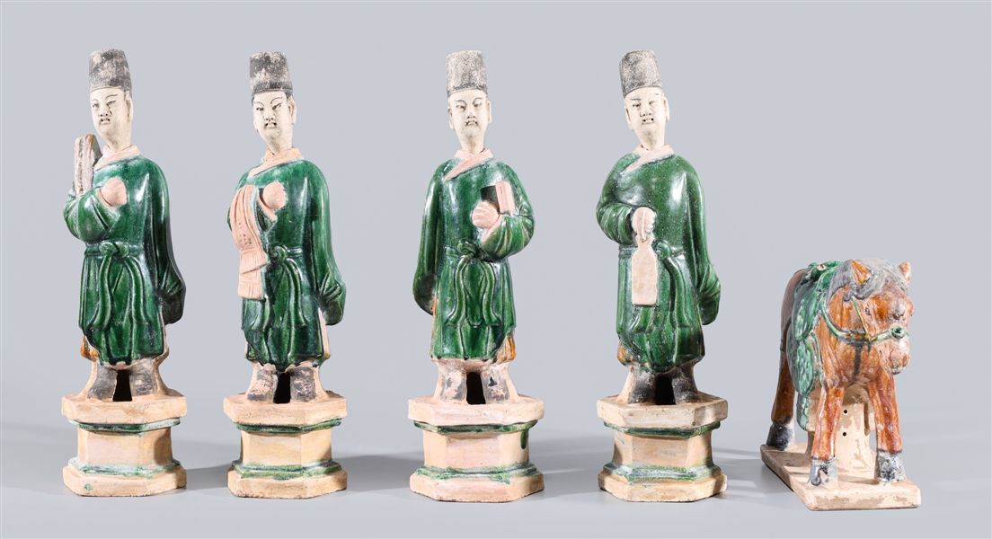 Group of five Chinese sancai glazed