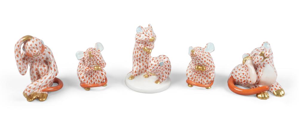 GROUP OF FIVE HEREND PORCELAIN RUST