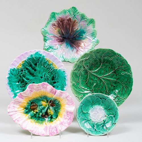 GROUP OF FIVE MAJOLICA LEAF FORM