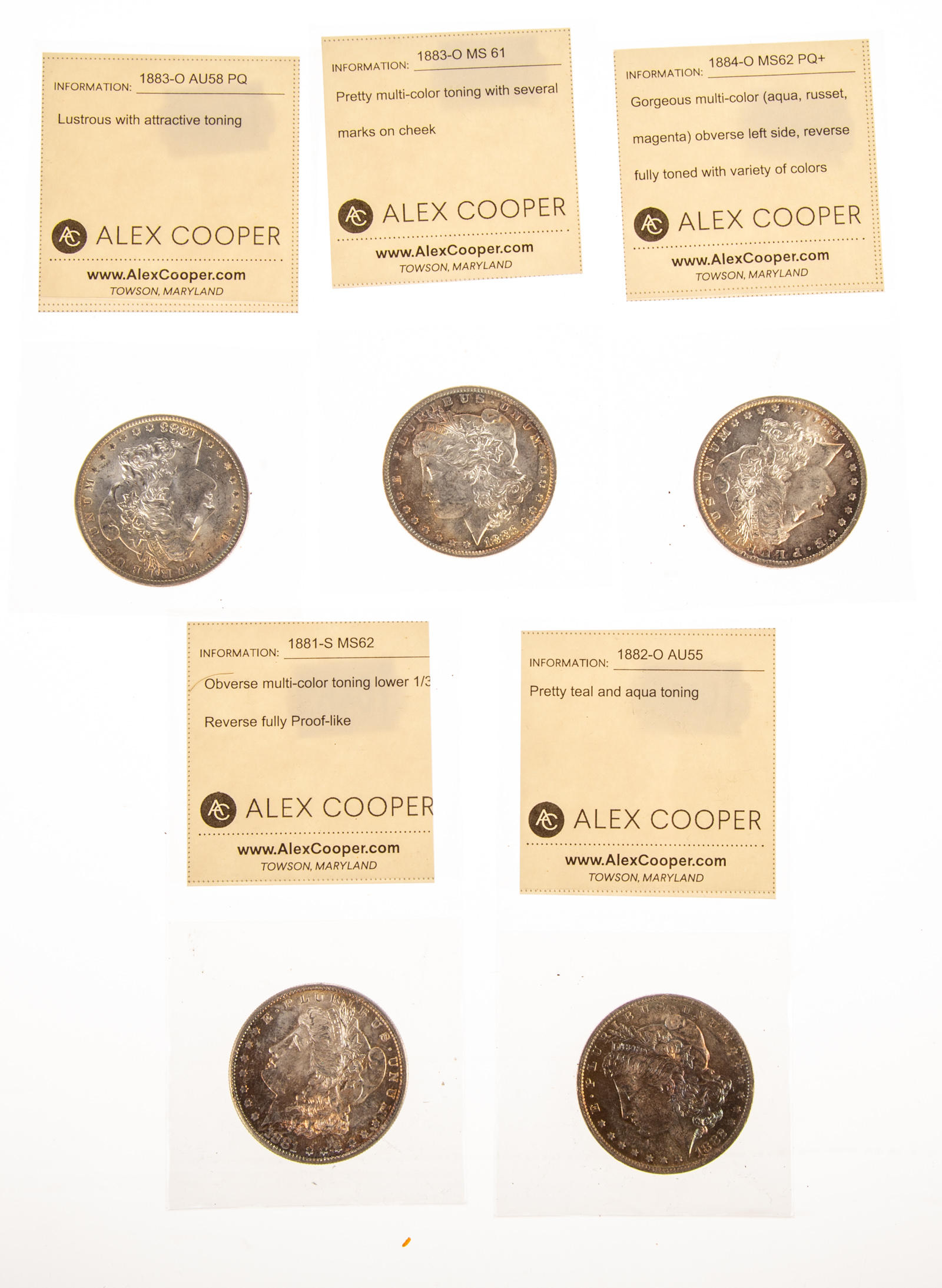 GROUP OF FIVE NICE MORGAN DOLLARS